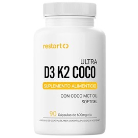 Restart Vitamina D3 + Vitamina K2 con Aceite de Coco Extra Virgen | MCT (Trigliceridos) para Mayor Absorción | Cápsula Blanda Premium (90 Caps)