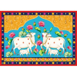Indian Lotus Cow Pooja Pichwai Backdrop Traditional India Orange Pooja Lotus Diwali Festival Photography Background India Pooja Wedding Housewarming Diwali Baby Shower Home Decoration (7x5FT)