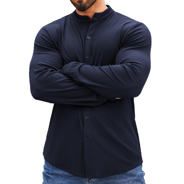 COOFANDY - Camisa de punto con botones para hombre, estilo casual, de manga larga, ajustado, cárdigan, Azul marino, Large