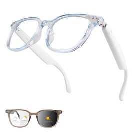 GS07 Smart Photochromic Sunglasses,Bluetooth Smart Glasses, Blue Light Glasses for Men Women,Bluetooth 5.4, Open Ear Sound Mic & Speakers, Color-Changing Polarized Lenses (Blue Frame With White Legs)