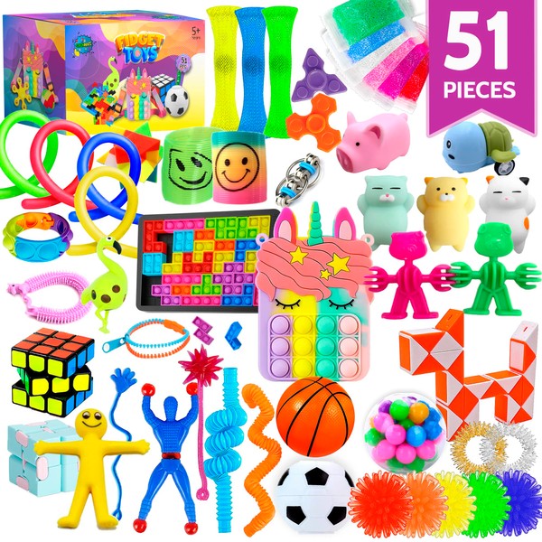(51 Pcs) Fidget Toys Pack, Popits Fidgets Set for Classroom Prizes and Party Favors, Sensory Toys Autism Autistic ADHD, Bulk Fidget Set with Pop it Fidget Spinners Figet Cubes Fidget Rings and More