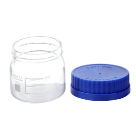 Moonetto 4 Pack 150 mL Wide Mouth Graduated Round Borosilicate Reagent Media/Storage Lab Glass Bottle With GL70 Blue Polypropylene Screw Cap