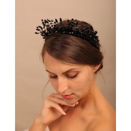 YERTTER Tiara de perlas de boda vintage hecha a mano para el pelo de novia, diosa griega, piezas de cabeza de perlas para boda, graduación, fiesta de cumpleaños (negro)