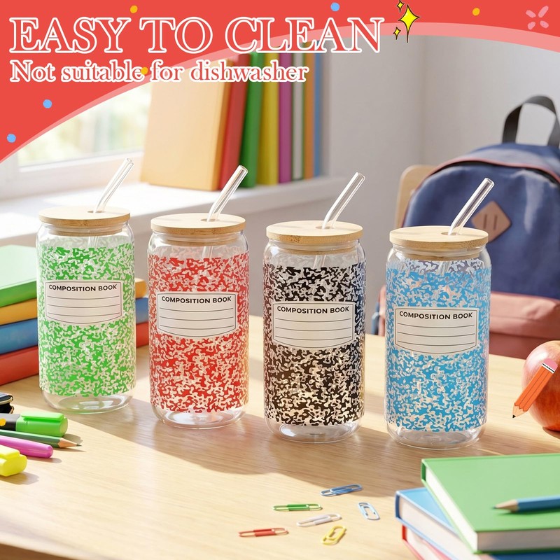 4 Pack 16 oz Back to School Glass Cups, Composition