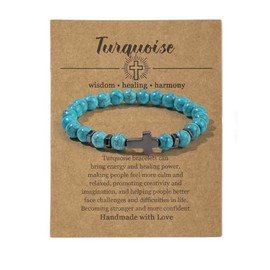 Pingyongchang Christian Cross Gifts for Women Men Healing Crystal Stone Turquoise Bracelet Faith Easter Catholic Religious Stretch Bracelets Stress Relief Anxiety Yoga Bracelet For Teens-Light Blue