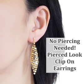 Miyabi Grace Women's Diamond Shape Shiny Mesh Invisible Clip On Earrings Dangle Gold tone