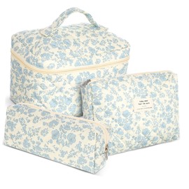 Ipetboom Cotton Quilted Makeup Bag Travel Toiletry Bag for Women Skincare Kit Zippered Pouch Floral Design Portable Carry