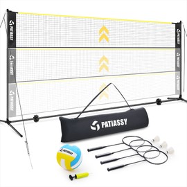 Patiassy 5.1ft-7.4ft Adjustable Height Volleyball Badminton Net Set 17ft Portable Sports Net with Poles, 4 Badminton Rackets, 3 Shuttlecocks and 1 Volleyball for Indoor Outdoor