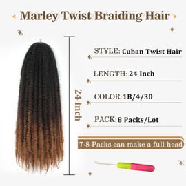 Marley Twist Braiding Hair 24 Inch Marley Twist Hair Ombre Cuban Twist Hair 8 Packs Afro Kinky Curly Twist Crochet Hair Long Marley Hair Extension (24 Inch, 1B/4/30)