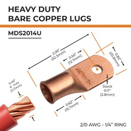 SELTERM 25pcs 2/0 AWG 1/4" Stud Battery Lugs, Ring Terminals, Heavy Duty Copper Wire Lugs, Battery Cable Ends, 00 Gaug Ring Terminal Connectors, UL Bare Copper Eyelets Electrical Battery Cable Lugs