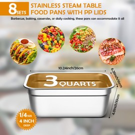 Suttmin 8 Pcs Hotel Pan with PP Plastic Lid Steam Table Pan Stainless Steel Restaurant Pans 1/4 Size Catering Pans Food Prep Pan Restaurant Anti Clogging Steamer for Buffet Hotel (4 Inch Deep)