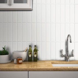 Decopus Hard Rigid Peel and Stick Stone Tile Backsplash (Luxury Subway Tile - Ceramic White 2.5" x10"Brick x 42 pcs) for Kitchen, Bathroom, Accent Wall - Tile for Remodelling