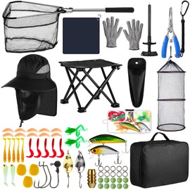 Lasnten 68 Pcs Fishing Tool Kit Fishing Backpack Pliers Kit Gear Equipment Tackle Include Hook Remover Backpack Gloves Towel Keychain Hook Fishing Lures Baits Accessories for Men Women Gifts