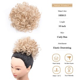 Yinmei Baibian Brown Blonde Messy Bun Hair Piece Loose Wavy Drawstring Bun Hair Short Synthetic Curly Ponytail Extension for Women (80G, 18H613#)