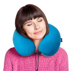 HIKENTURE Inflatable Neck Pillow with Removable and Washable Cover, Travel Pillow, Neck Pillow, Aeroplane, Car, Train, Neck Pillow, Support Pillow for Neck, Inflatable Neck Pillow, Train, Small, Blue