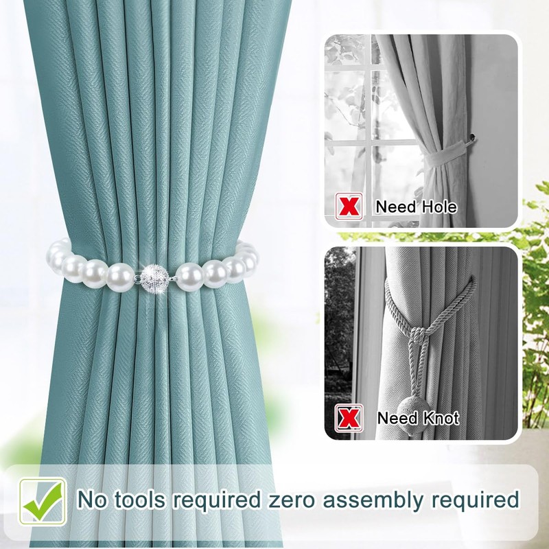AULEEP Magnetic Curtain TieBacks, 2 Pack Pearl Curtain Tie Backs,