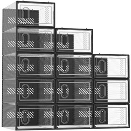 SIMPDIY Shoe Storage, 12 Pack Shoe Organizer for Closet, Shoe Boxes Clear Plastic Stackable Shoe Containers with Lids for Size 10, Black