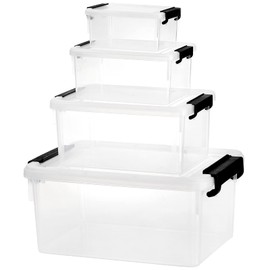 Jucoan 4 Pack Clear Plastic Storage Bin with Lid and Black Buckles, 8.5/4.5/10.5 Quart Stackable Plastic Latch Container for Snack Toy Crafts Art Supplies
