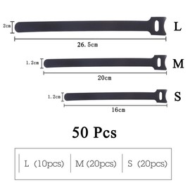 Honyear, Velcro Cable Ties, Pack of 50, in 3 Assorted Sizes, 265 mm/200 mm/160 mm, Special Design Velcro Fastener, Black, Cable
