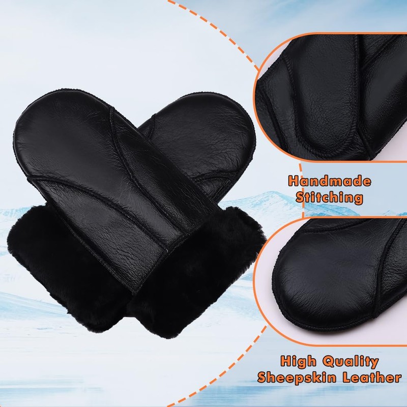 Men Winter Mittens Shearling Sheepskin Mittens Warm Fur Lined Mittens