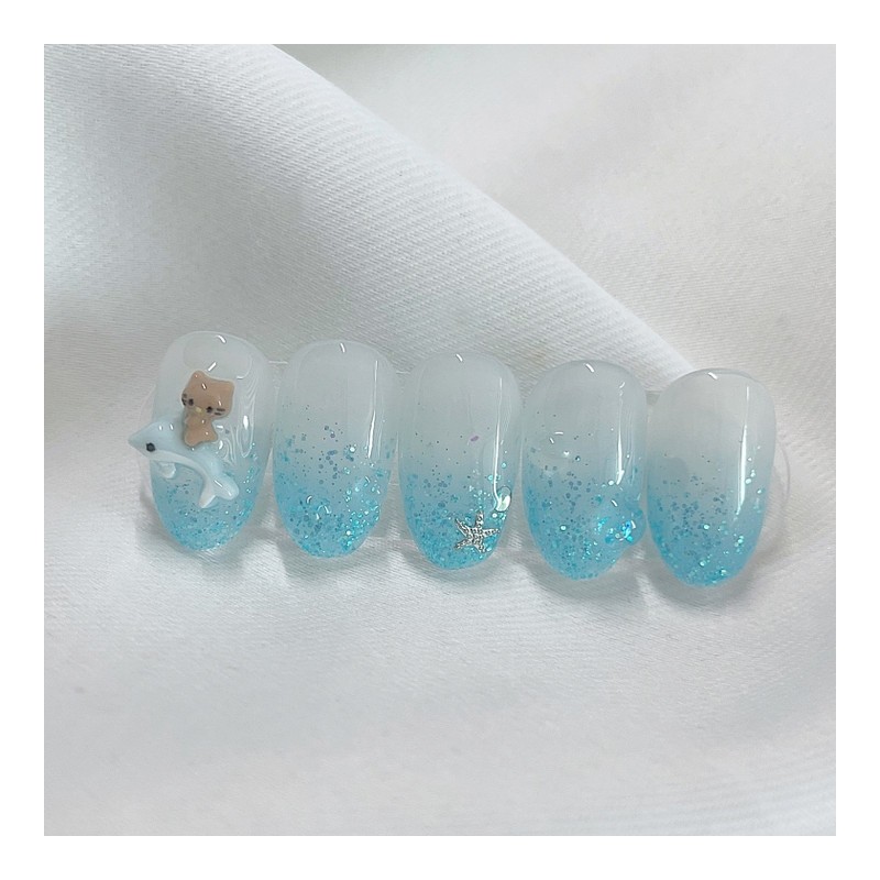 [Handmade Nail Tips] Dolphin Ocean Nail Tips - Petit Almond
