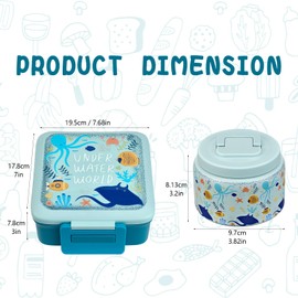 JXXM Bento Lunch Box for Kids with 8oz Soup Thermo,Leak-Proof Lunch Containers with 5 Compartment,Thermo Food Jar Food Containers for School (Blue-Octopus)