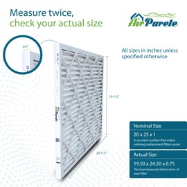 AirPurete 20x25x1 HVAC Furnace Air Filters | Actual Size: 19-1/2" x 24-1/2" x 3/4" | MERV 8 | PACK OF 6 FILTERS