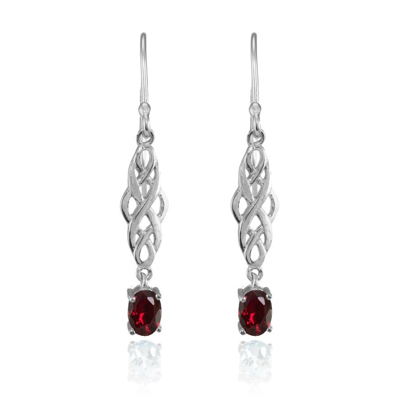 Sterling Silver Created Ruby Oval Celtic Knot Drop Dangle Earrings