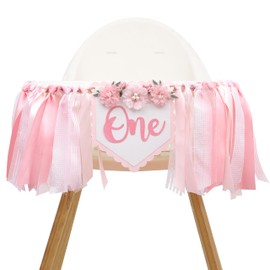 Floral 1st Birthday High Chair Banner - Pink Flowers First Birthday Decoration,Pink Dreamy One Birthday Celebration,One Birthday Photo Shooting Props for Baby Girls