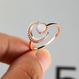 Created Moonstone Crescent Moon Opal Sun Thin Eternity Rings for Women Girls Teens Dainty Minimalist Stacking Finger Ring Open Adjustable Expandable Best Friend Birthday Xmas Jewelry Gift (Rose Gold)