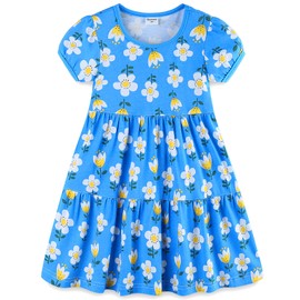 Toddler Girl's Summer Dresses Clothes Cotton Short Sleeve Casual Twirly Tiered Swing Dress Playwear Sundress Clothing Outfits with Pockets Blue Sunflower 3t