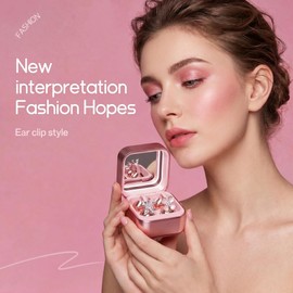 Wireless Earbuds with LED Makeup Mirror Case, Bluetooth 6.0 Open Ear Clip-On Headphones, Cute Pink Air Conduction Earphones for Women, Low Latency, Secure Fit for Running & Travel (Earring Pink)