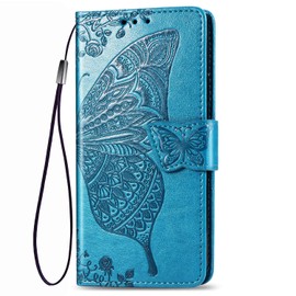 DEDUX Flip Wallet Case Compatible with LG K50s, 3D Embossed Butterfly Rose Flower PU Leather Kickstand ID Credit Card Slots, Folio Flip Cover with Card Holder. Blue