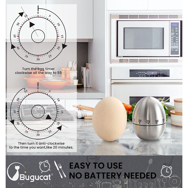 Bugucat Cucina Timer, Egg-shaped Egg Timer, Stainless Steel Kitchen Timer,