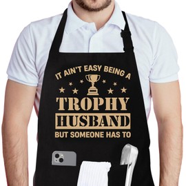 Funny Aprons for Men, Trophy Husband Apron, Fathers Day Apron Gifts From Wife, Novelty Kitchen Cooking Aprons with 2 Pockets, Mens BBQ Grilling Apron Gifts, Housewarming Birthday Gifts for Husband