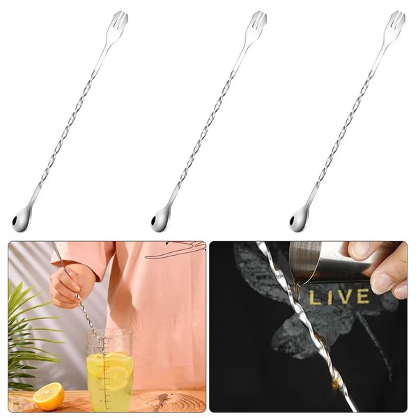 AAGWW Bar Spoon Bar Stainless Steel Screw Spoon Bartender Drink Making Cocktail Ice Fork Durable for Home Use (Design: Silver Short Bar Spoon, Total of 3)