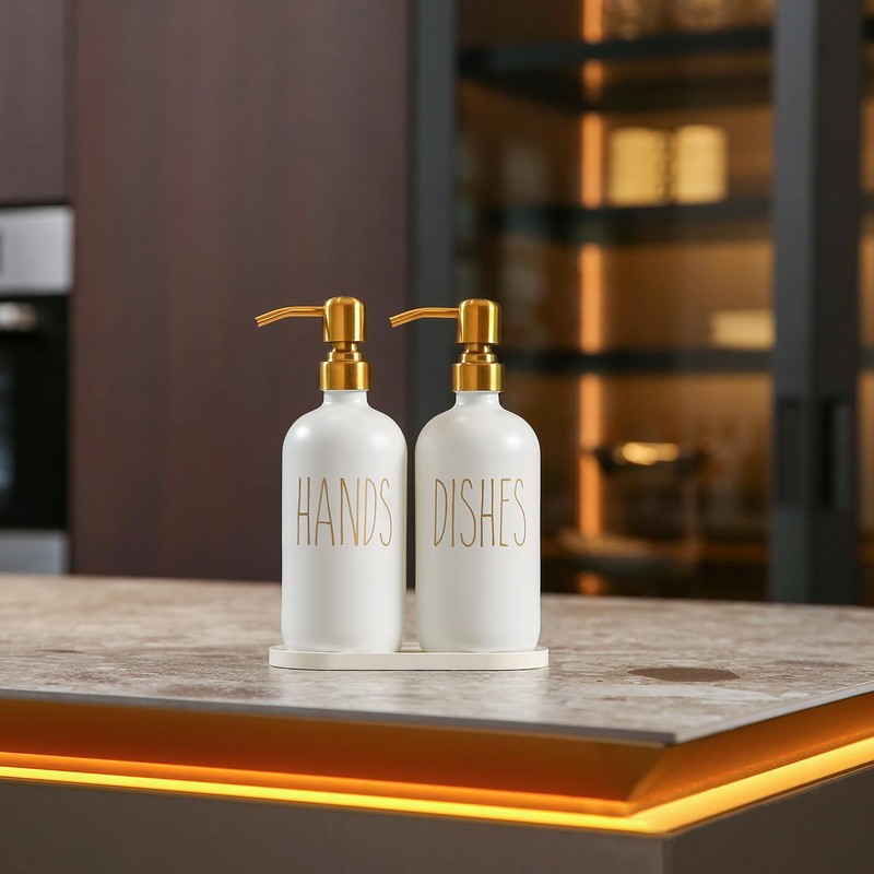 MOMEEMO Kitchen Soap Dispenser Set, Glass Soap Dispenser with Stainless