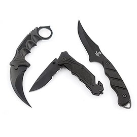 Snake Eye CSGO Tactical Fixed Blade Set. 3PC Combo Set Collection, Gift, and Outdoors Camping Cut Ropes, Branches (Black)