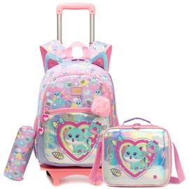 Kids Rolling Loving Cat Backpack for Girls Trolley Suitcases Luggage Travel with Wheels Detachable Wheeled 17" 3PCS Roller Backpacks Set Toddler Back Pack School Bags for Elementary Pink