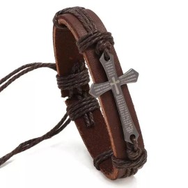 Syrios Gifts Brown Leather Bracelet with Cross, Lords Prayer, Christian God, Jesus, Catholic