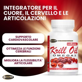 Hyper KRILL OIL OMEGA 3 1000 mg | Olio di Krill Antartico Puro con Astaxantina, EPA e DHA per Cuore, Articolazioni e Benessere Generale - 100% Naturale Altamente Assimilabile - 60 Perle