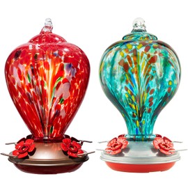 LaElvish Garden 2 Packs Hummingbird Feeder for Outdoors Hanging, 34OZ & 32OZ Hand Blown Glass Hummingbird Feeders for Outside, Red & Teal