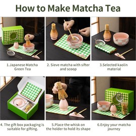Premium 7-Piece Matcha Tea Set – Traditional Japanese Style with Elegant Grid Pattern, Includes Bamboo Whisk, Ceramic Bowl, Scoop & More – Perfect for Matcha Lovers & Tea Ceremony (Pink grid)