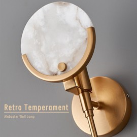 WOSBO Alabaster Wall Sconces 23.6" Mid Century Modern Wall Light Brass Double Discs Natural Marble Sconce Wall Decor Gold Wall Lamp for Living Room Bedroom Hallway Entryway (E12 Bulb Included)