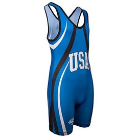 KO Sports Gear Blue USA Wrestling Singlet - Olympic Style (Adult L : 135-165 lbs)