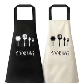 XCOZU Pack of 2 Aprons Black and Beige Apron, Waterproof Cooking Aprons Women Men with 2 Pockets, Kitchen Apron for Men Women BBQ Apron Bib Apron Baking Apron Restaurant, Black and Beige
