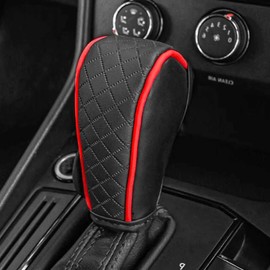 KUQUTIDY Leather Car Gear Shift Knob Cover, Anti-Slip Breathable Gear Stick Shift Knob Cover, Universal Shifter Lever Protector Cover for Cars, Trucks, SUVs, Automotive Decorative Accessories (Red)
