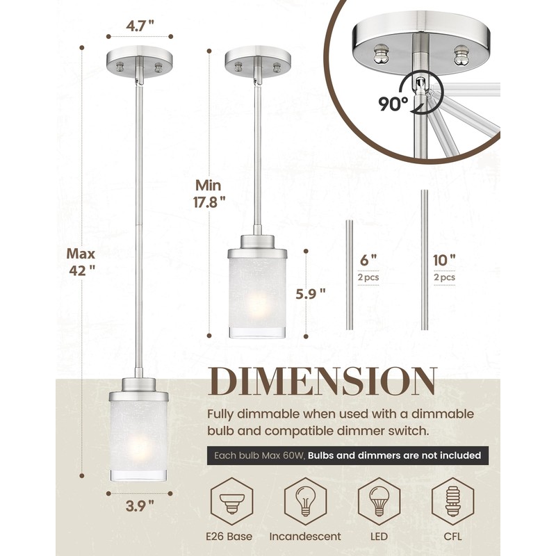 TENGXIN Modern Pendant Light for Kitchen Island, Brushed Nickel Hanging