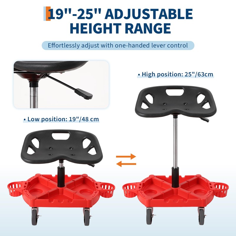 Rolling Mechanic Stool, 300 LBS Capacity, 19''-25'' Height Adjustable Shop
