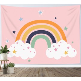 LB Boho Rainbow Tapestry Pink Sky Tapestry for Kids Bedroom Cartoon White Cloud with Stars Tapestries Wall Hanging for Living Room Dorm Wall Decor,60x40 inch